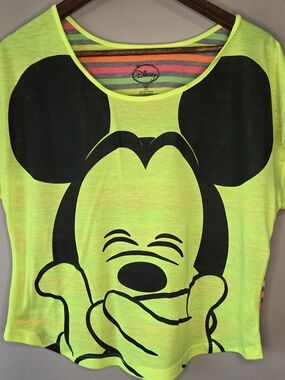 Disney Mickey Mouse Short Sleeve Crop Neon Striped Graphic TShirt M 7/9